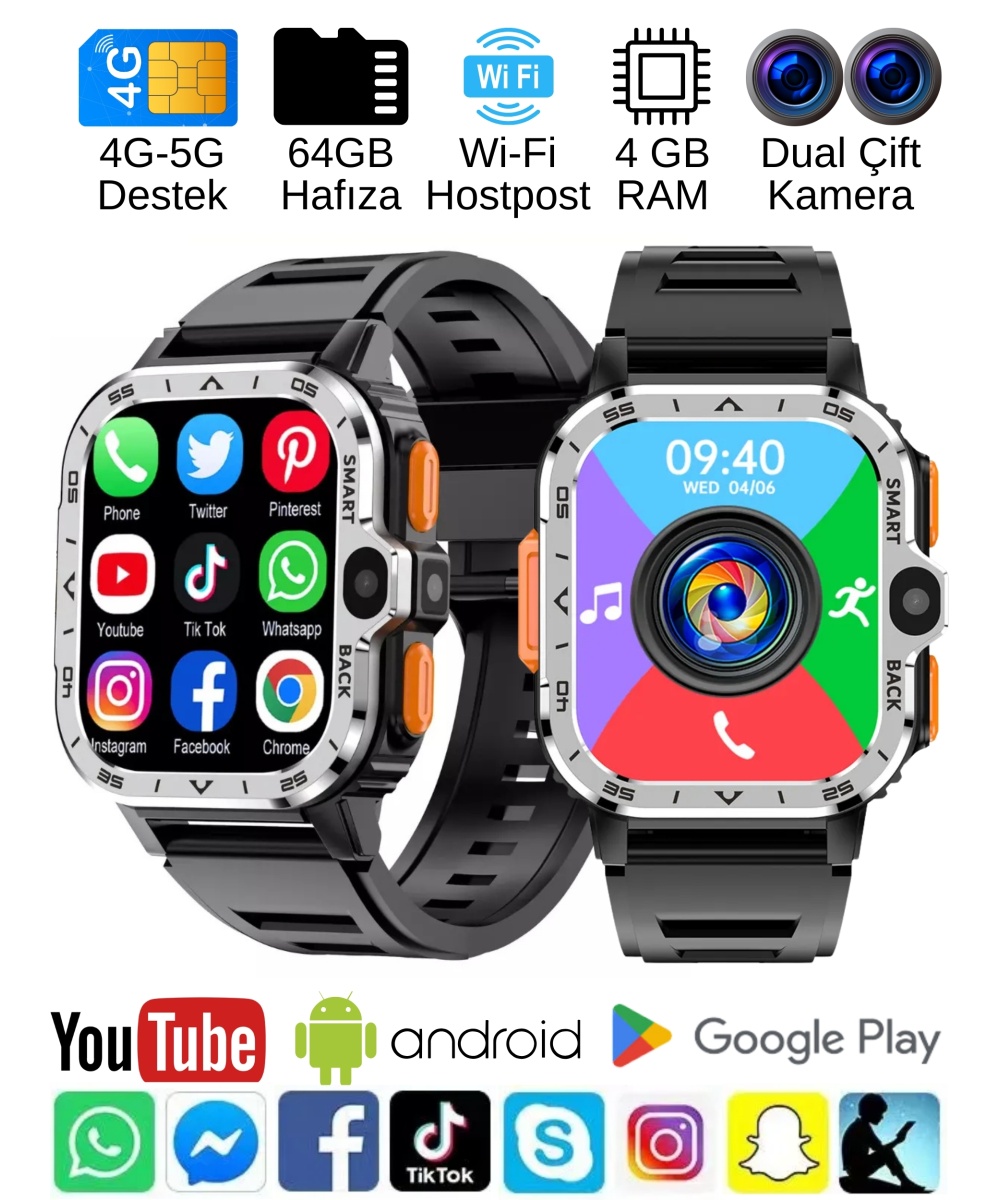 Watch PG Ultra 4G LTE 64GB Sim Kartlı Kameralı Akıllı Saat Wi-Fi Çocuk Huawei İphone Uyumlu 8,9,10
