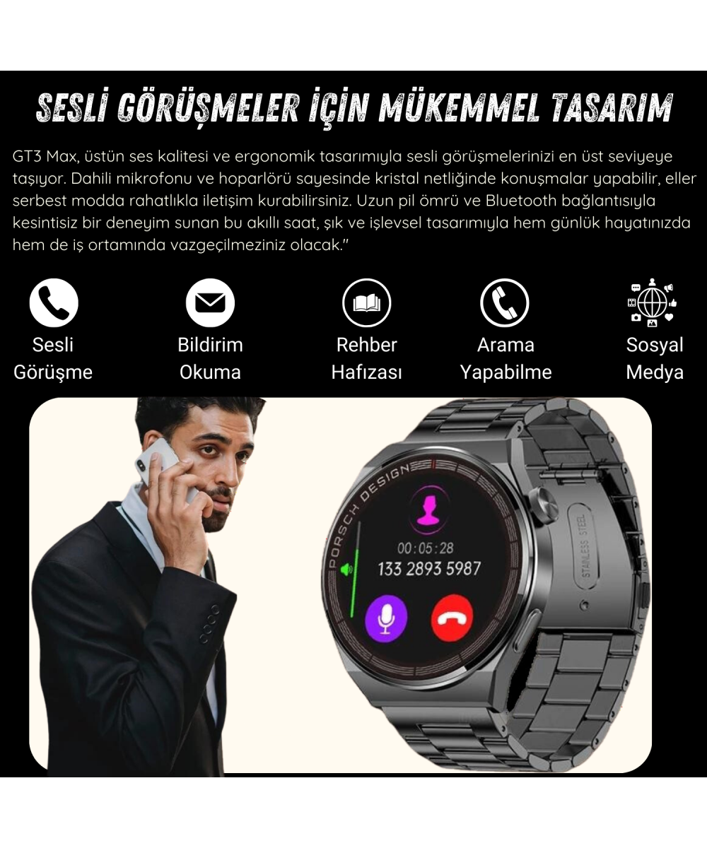 Watch GT3 Akıllı Saat 46mm Siyah Yuvarlak Kasa, Sesli Görüşme, Android, Huawei,iPhone Uyumlu 8,9,10