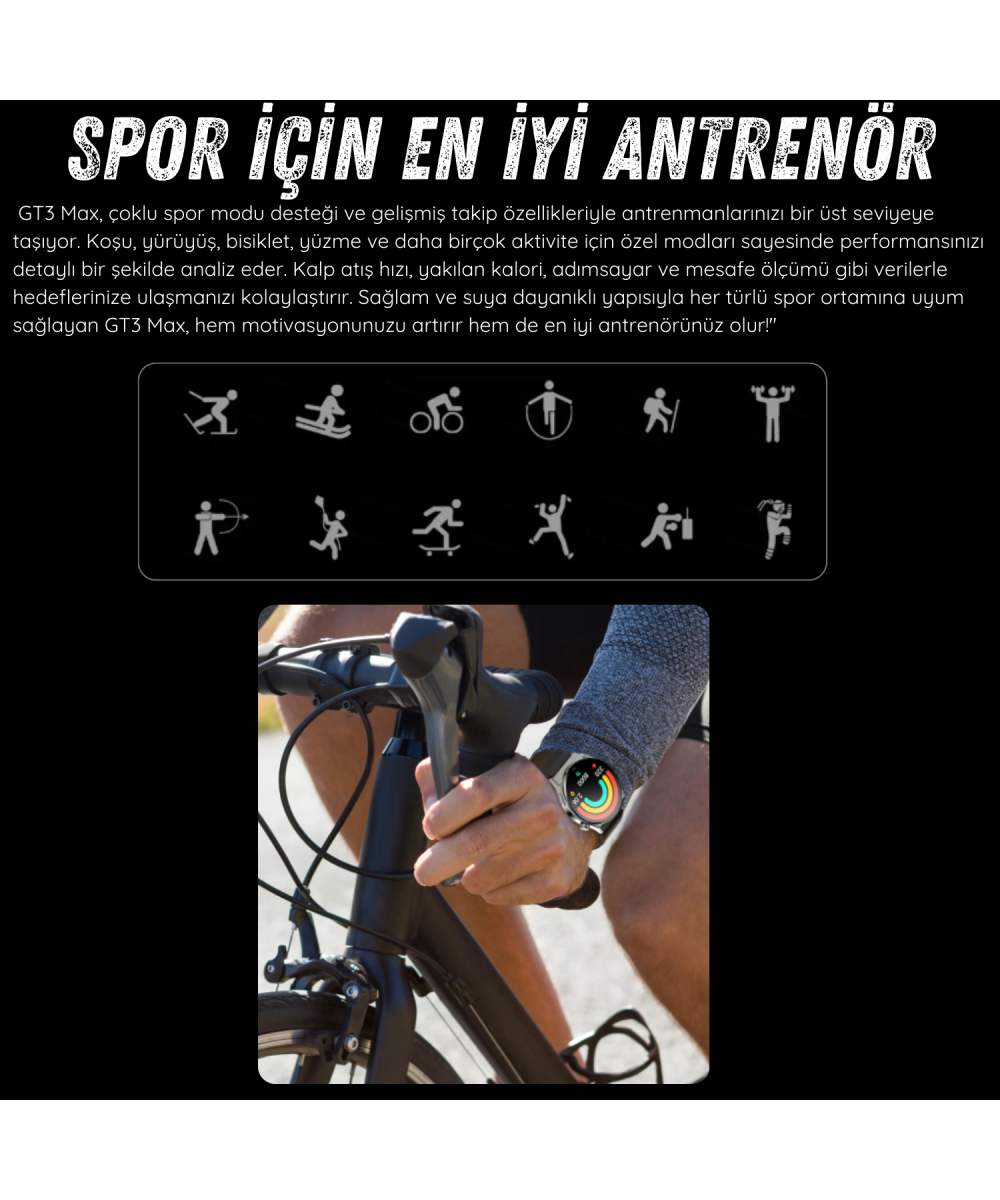 Watch GT3 Akıllı Saat 46mm Siyah Yuvarlak Kasa, Sesli Görüşme, Android, Huawei,iPhone Uyumlu 8,9,10