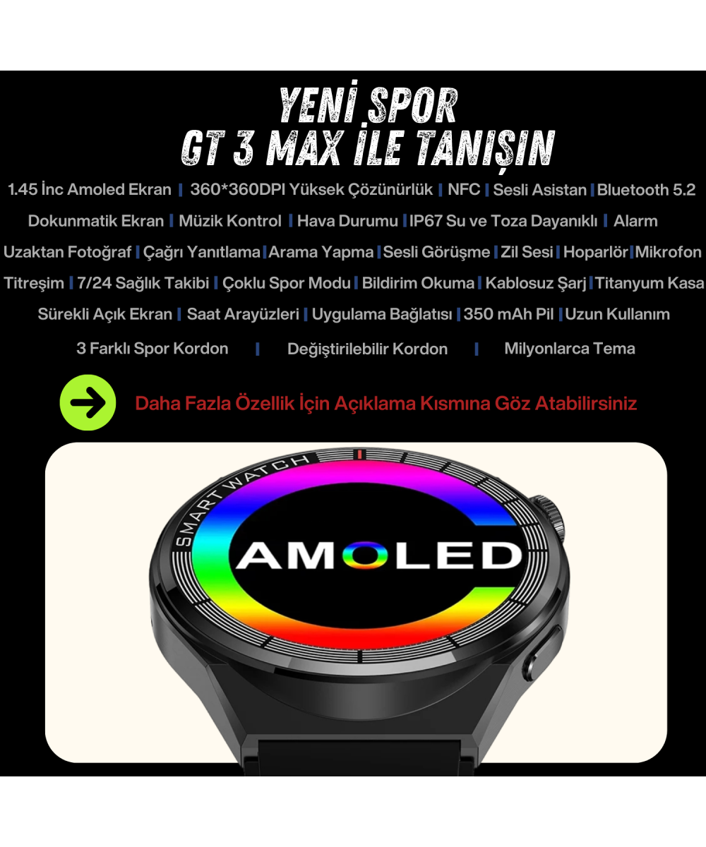 Yeni Spor Watch GT3 MAX Siyah Akıllı Saat 1.45 İnç 46mm NFC/Sesli Arama Huawei iPhone Uyumlu 8,9,10