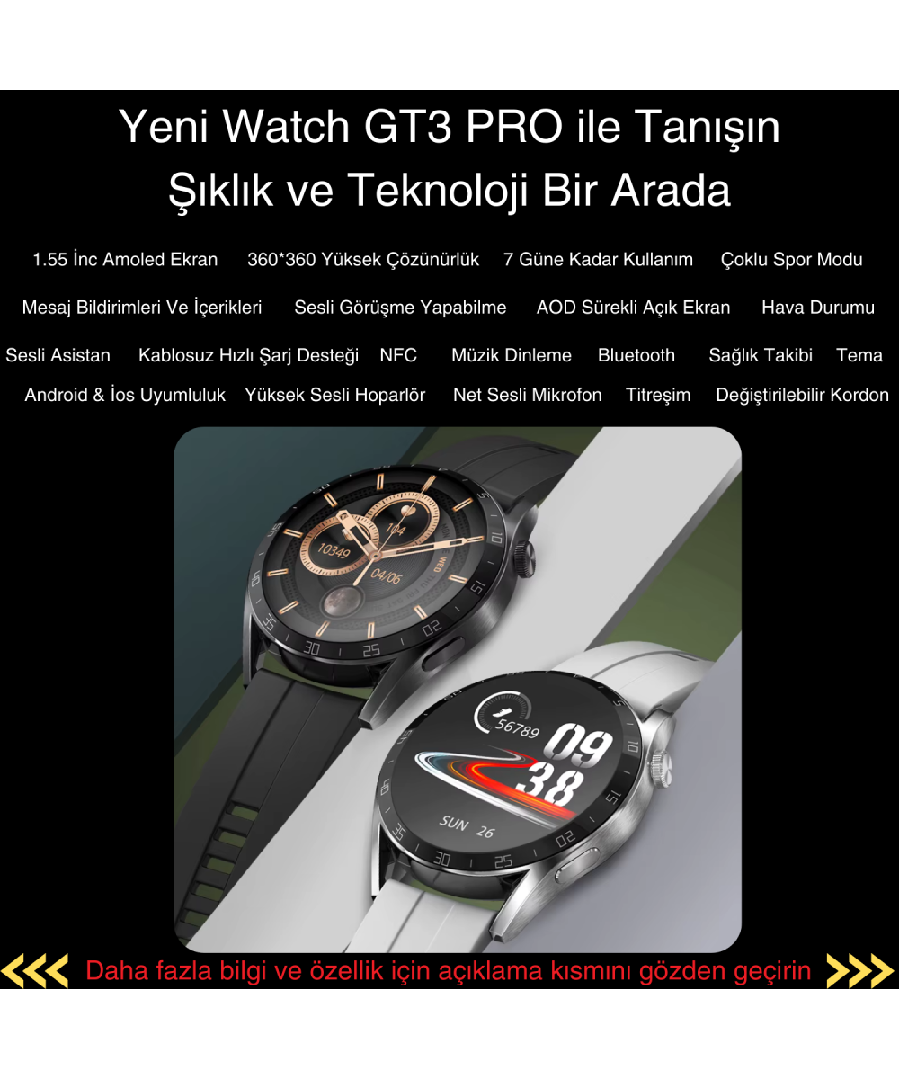 Watch GT3 PRO Erkek Akıllı Saat, Klasik AMOLED Sesli Görüşme,NFC Android iPhone Huawei Uyumlu 8,9,10