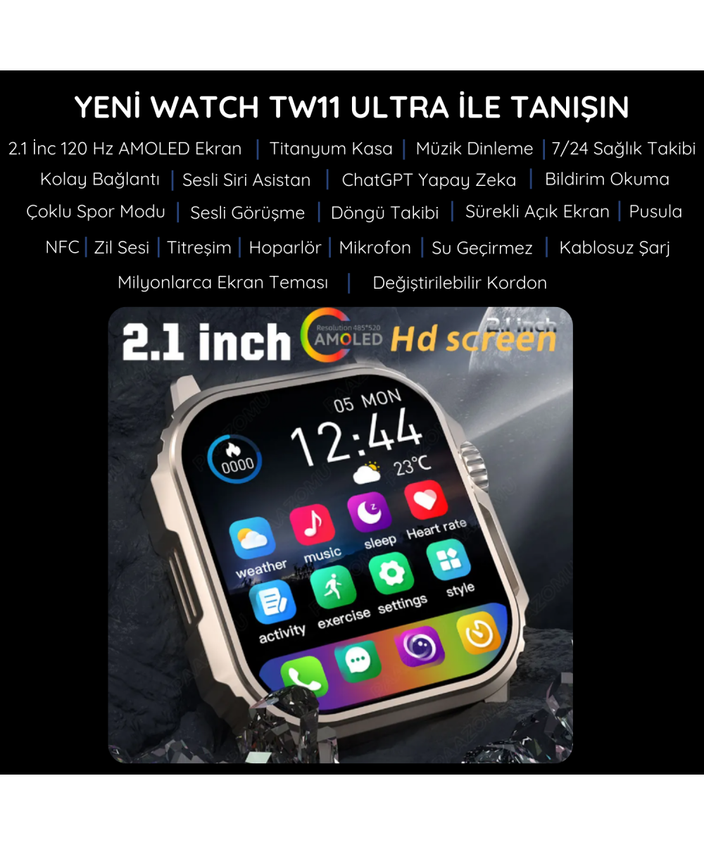 Watch Ultra TW11 Siyah AMOLED Ekranlı Akıllı Saat, Su Geçirmez GPS NFC iPhone  Huawei Uyumlu 8,9,10