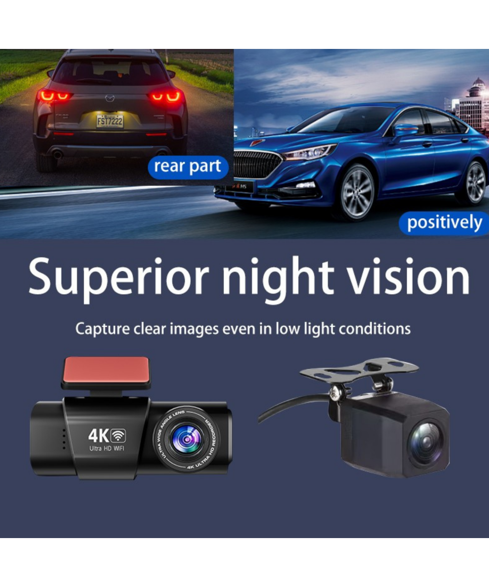 L308 4K UHD Araç İçi Kamera 128GB – WiFi, IR Gece Görüşü, Çift Lens Ön-Arka-İç Kayıt, APP Kontrol DashCam