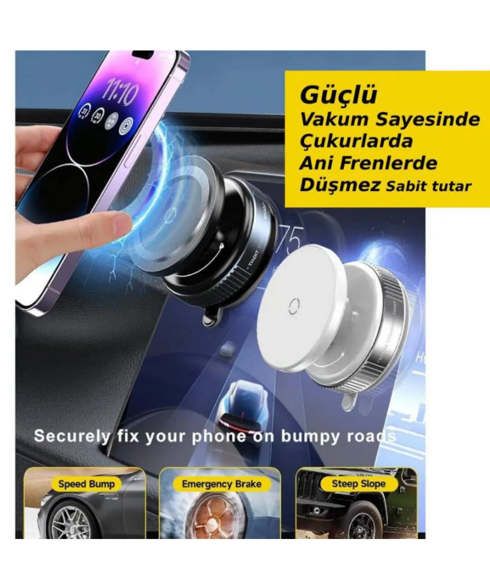 K10 Siyah 360° Güçlü Manyetik Vakumlu Kilitli Araç Telefon ve Tablet Tutucu Ayna,Cam,MagSafe Uyumlu