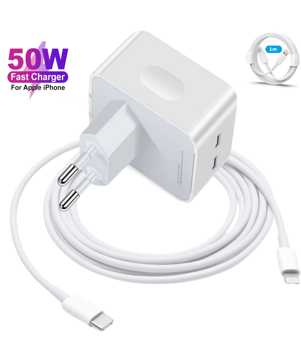 50W PD Hızlı Şarj  Cihazı Adaptörü + 1M Type-C Kablo iPhone 11,12,13,14, Pro Max Uyumlu Çift Çıkışlı