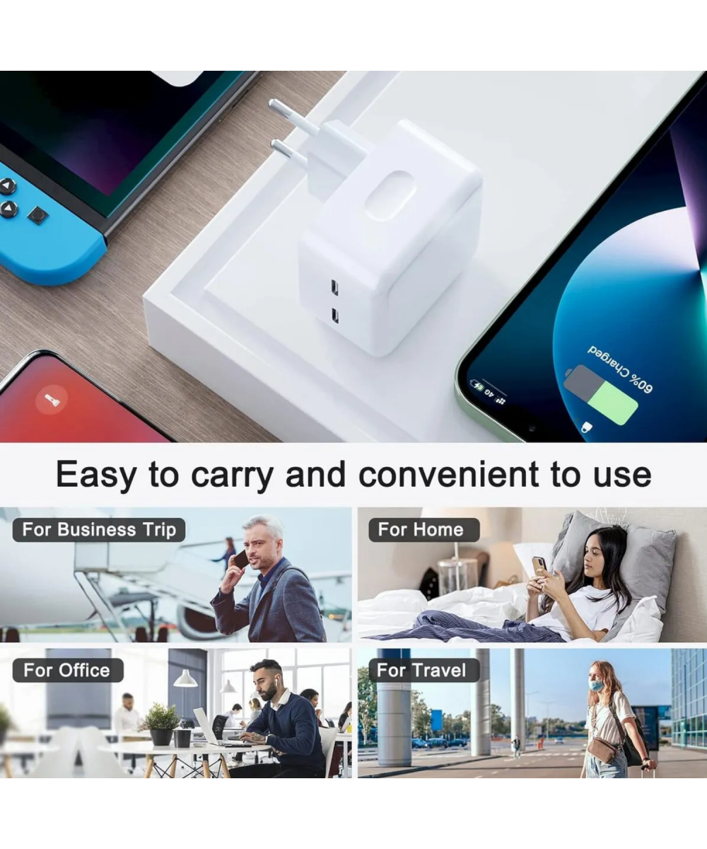 50W PD Hızlı Şarj  Cihazı Adaptörü + 1M Type-C Kablo iPhone 11,12,13,14, Pro Max Uyumlu Çift Çıkışlı