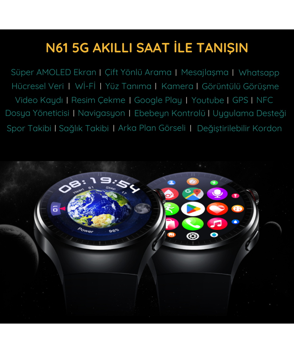 Watch N61 SiM Kartlı 5G 2 Kameralı 64GB Akıllı Saat GPS,WiFi,Play Store Çocuk iPhone Huawei Uyumlu 8,9,10