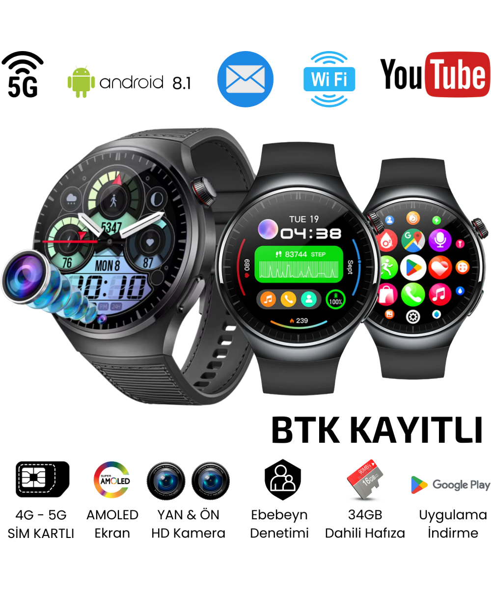 Watch N61 SiM Kartlı 5G 2 Kameralı 64GB Akıllı Saat GPS,WiFi,Play Store Çocuk iPhone Huawei Uyumlu 8,9,10