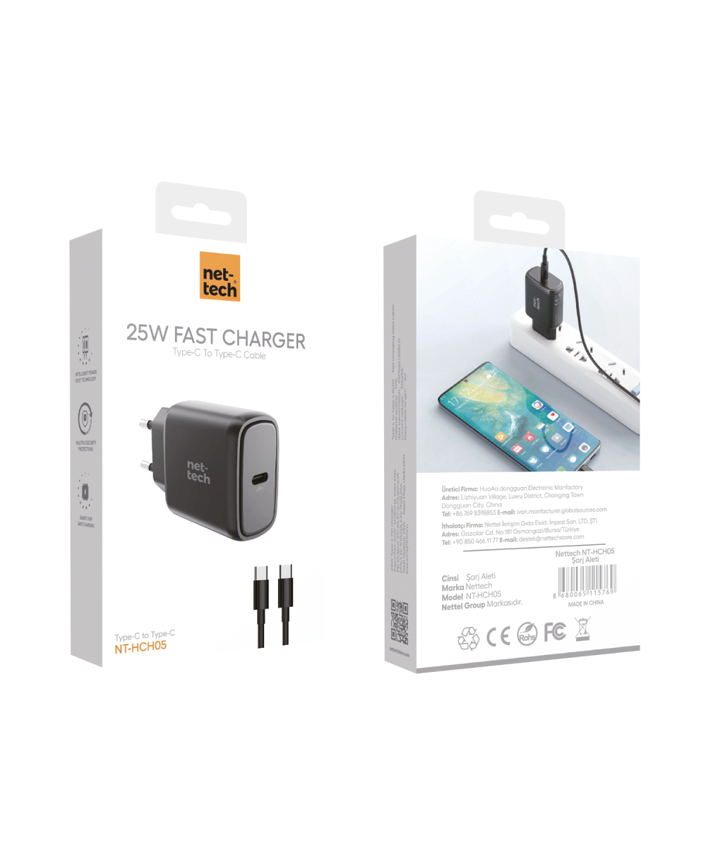 NT-HCH05 PD 25W Type-C To Type-C Hızlı  Şarj Aleti (Siyah)  Samsung Huawei Oppo Xiaomi