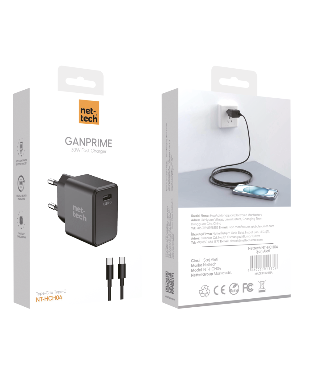 NT-HCH04 PD GaN Prime 30W Type-C To Type-C Şarj Aleti (Siyah) Samsung Huawei Oppo Xiaomi