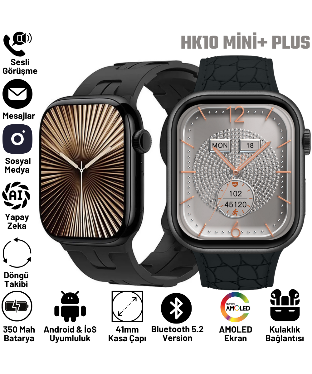 Watch HK 10 + Mini Plus Siyah AMOLED Ekranlı Akıllı Saat 41mm, 2GB Depolama, iPhone & Huawei Uyumlu 8,9,10