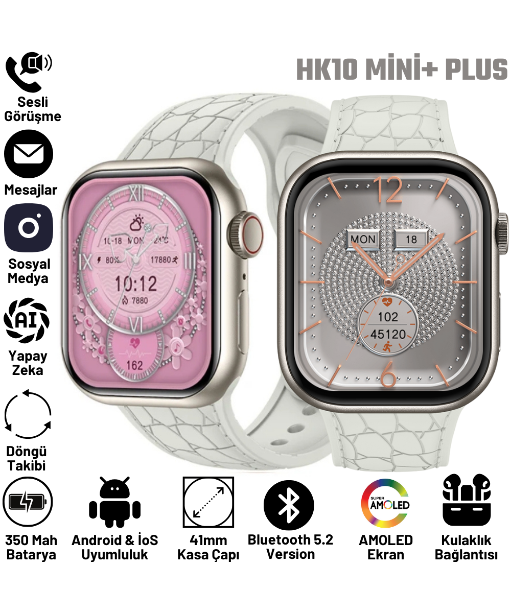 Watch HK 10 + Mini Plus Uzay Gri AMOLED Ekranlı Akıllı Saat 41mm, 2GB Depolama, iPhone & Huawei Uyumlu 8,9,10