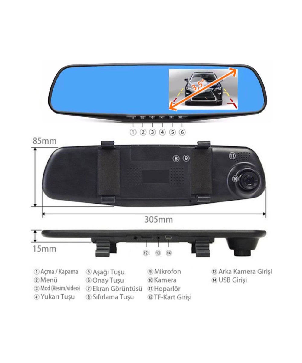MPI 32GB Dikiz Aynası Araç İçi Kamerası | 3.5” Ekran + Full HD Geri Görüş & Gece Görüşlü Sesli Kayıt