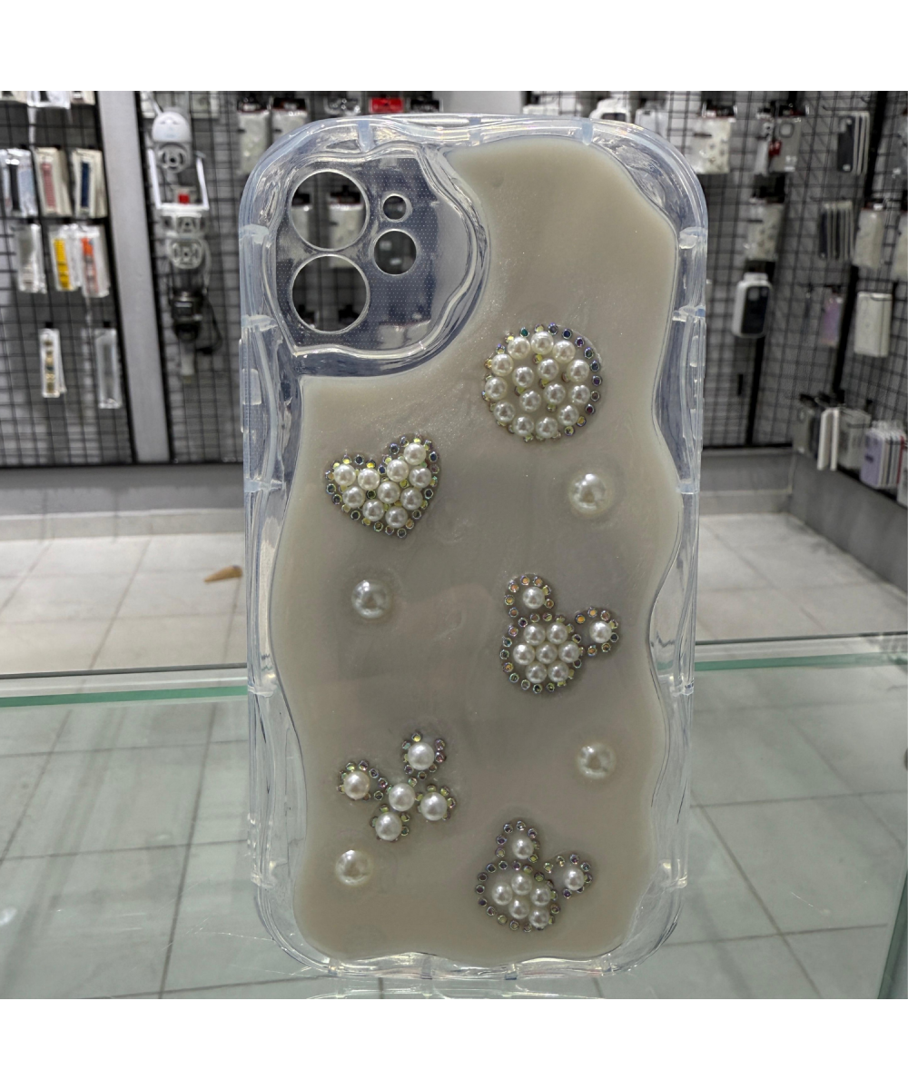 iPhone 11 Uyumlu 3D Kabartmalı Şeffaf Silikon Kılıf İnci Taş Kalp Desenli Kamera Korumalı Kapak