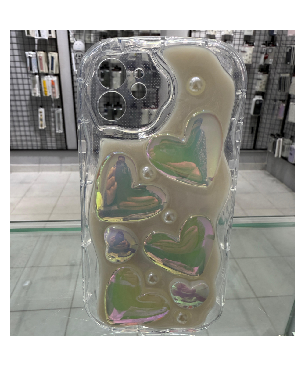 iPhone 12 Uyumlu 3D Kabartmalı Şeffaf Silikon Kılıf Kalp Desenli Kamera Korumalı Sert Kapak