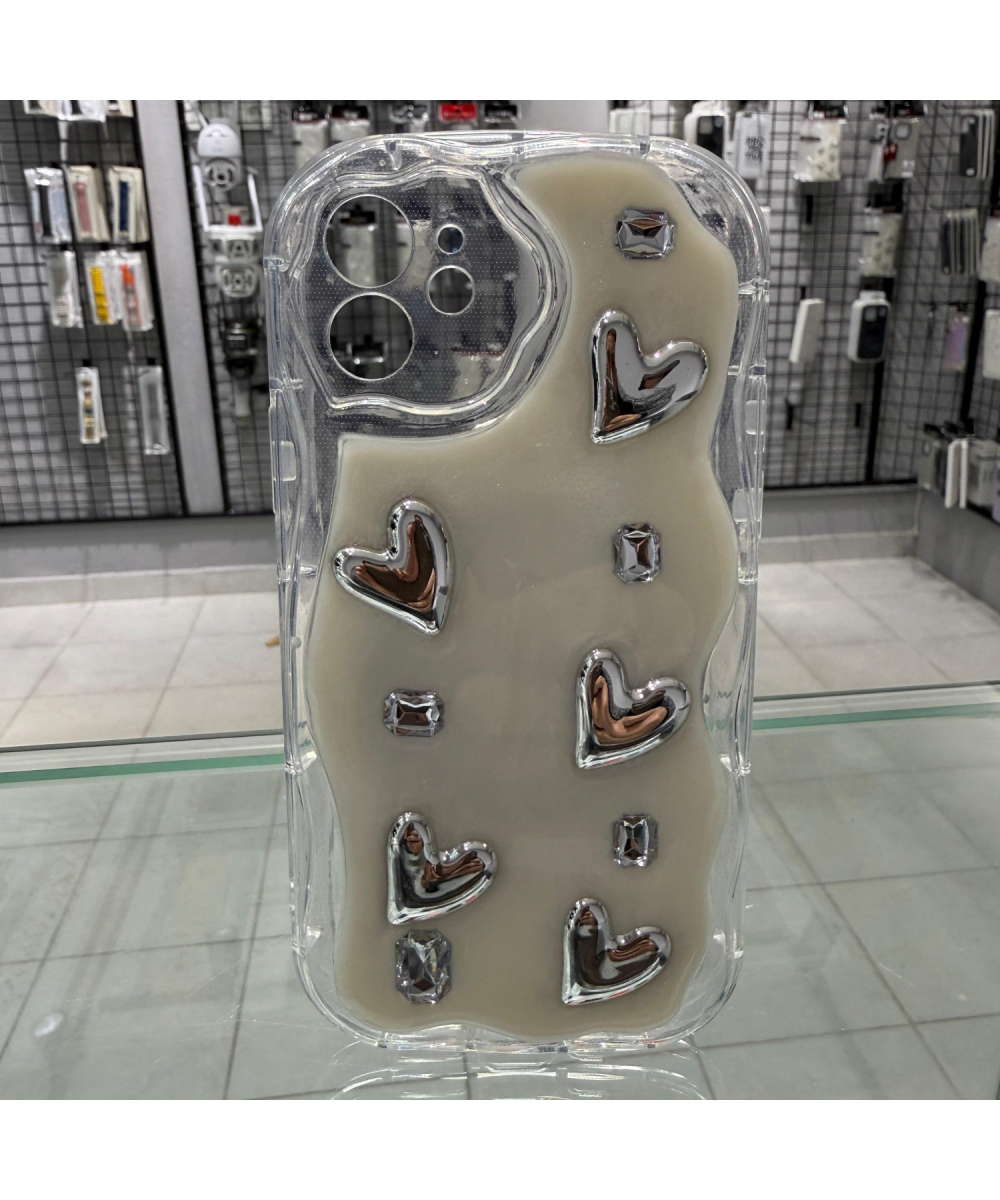 iPhone 12 Uyumlu 3D Kabartmalı Şeffaf Silikon Kılıf Kalp Desenli Kamera Korumalı Kapak