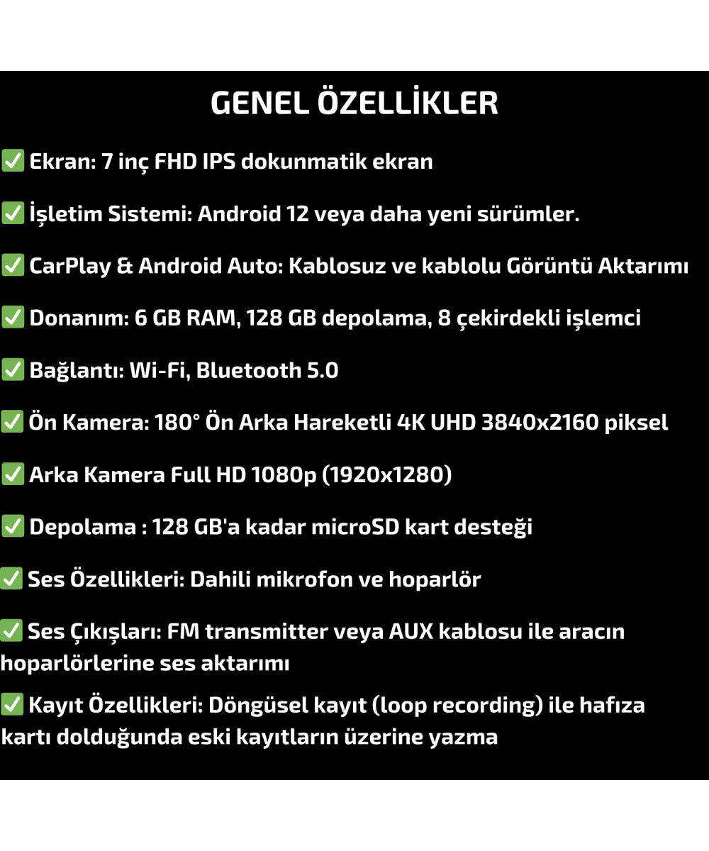 MPIA 4K CarPlay Araç İçi Kamera  | 7 Ekran | Ön & Arka Döngü Kayıt | Android & iPhone Uyumlu M88D