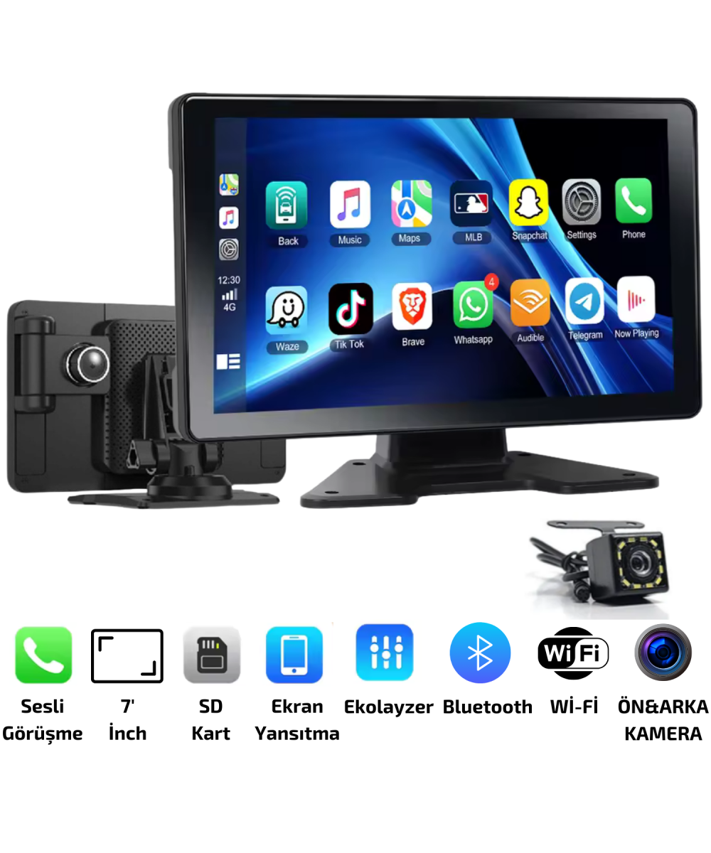 MPIA 4K CarPlay Araç İçi Kamera  | 7 Ekran | Ön & Arka Döngü Kayıt | Android & iPhone Uyumlu M88D
