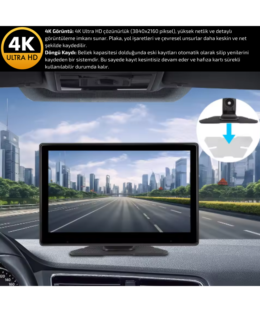 MPIA 4K CarPlay Araç İçi Kamera  | 7 Ekran | Ön & Arka Döngü Kayıt | Android & iPhone Uyumlu M88D