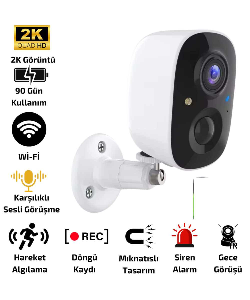 O-KAM 3033 2K WiFi Şarjlı 128GB Akıllı Güvenlik Kamerası Su Geçirmez Gece Görüşlü Bebek Odasıİç ve Dış Mekan Kullanım