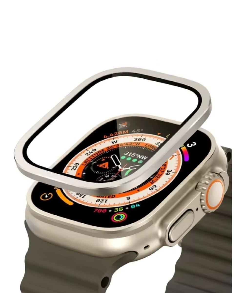 Apple Watch Uyumlu Ekran Koruyucu Gri 49mm Ultra 2-3 Temperli Akıllı Saat Camı Çizilmez Çelik Çerçeveli