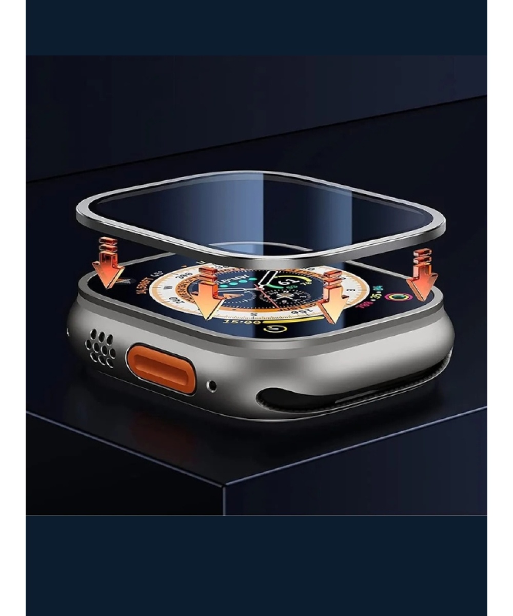 Apple Watch Uyumlu Ekran Koruyucu Gri 49mm Ultra 2-3 Temperli Akıllı Saat Camı Çizilmez Çelik Çerçeveli