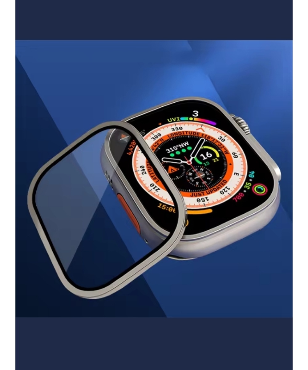 Apple Watch Uyumlu Ekran Koruyucu Gri 49mm Ultra 2-3 Temperli Akıllı Saat Camı Çizilmez Çelik Çerçeveli