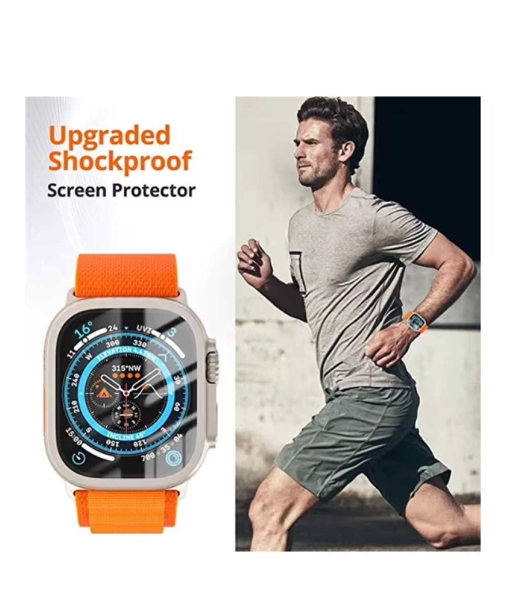Apple Watch Uyumlu Ekran Koruyucu Gri 49mm Ultra 2-3 Temperli Akıllı Saat Camı Çizilmez Çelik Çerçeveli