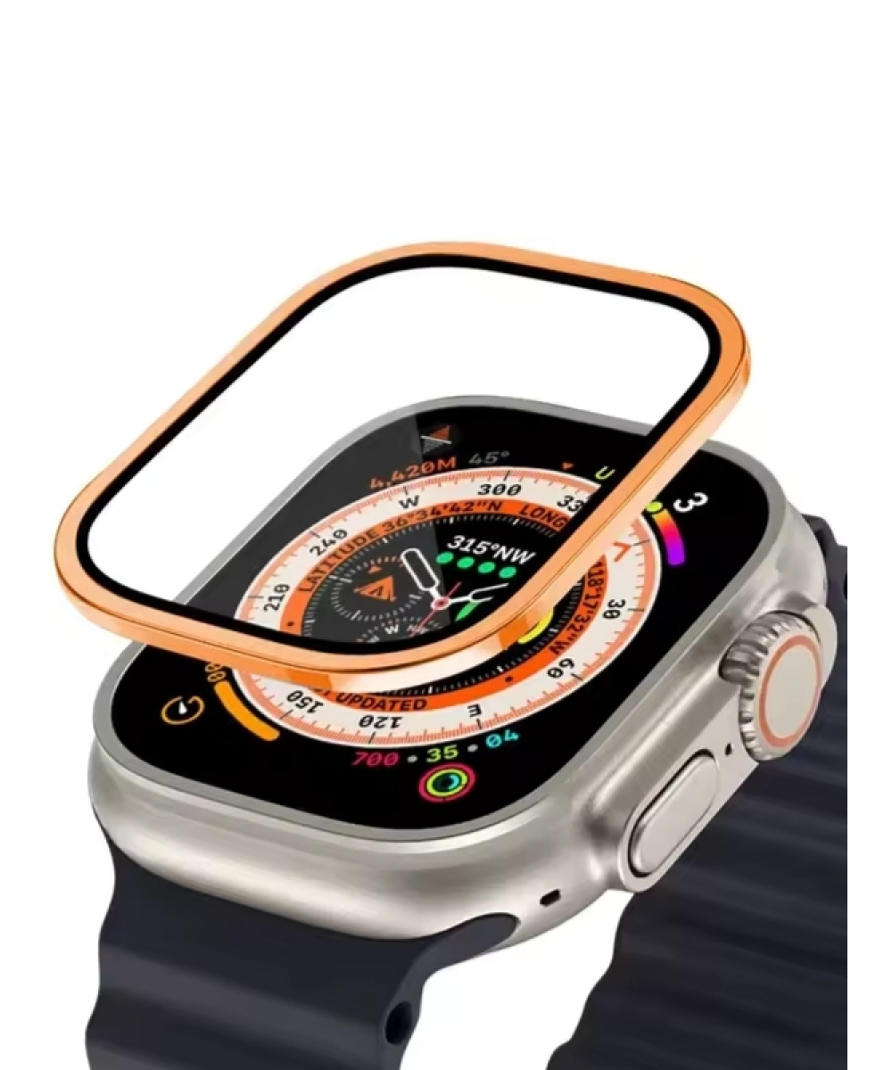 Apple Watch Uyumlu Ekran Koruyucu Gri 49mm Ultra 2-3 Temperli Akıllı Saat Camı Çizilmez Çelik Çerçeveli