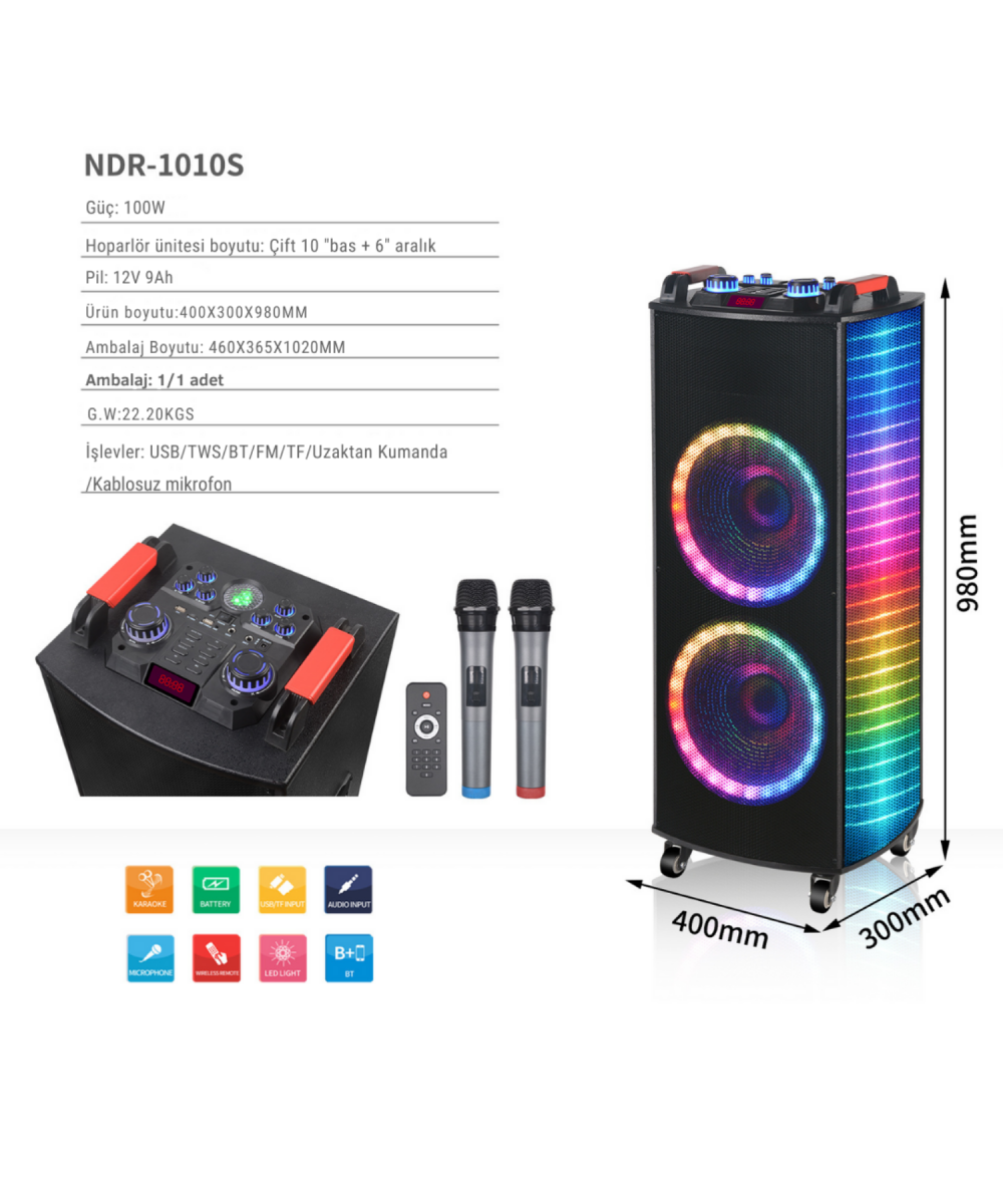 100W Şarjlı RGB Taşınabilir Bluetooth Parti Hoparlörü – Mikrofonlu, 2x10’’ Bataryalı Büyük Hoparlör