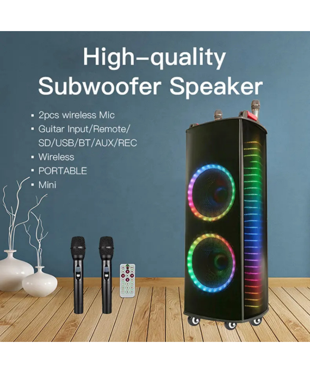 100W Şarjlı RGB Taşınabilir Bluetooth Parti Hoparlörü – Mikrofonlu, 2x10’’ Bataryalı Büyük Hoparlör