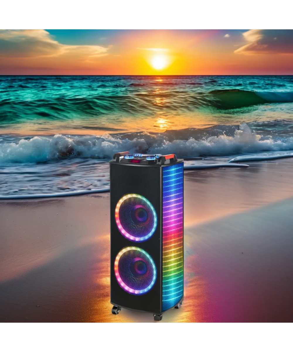 100W Şarjlı RGB Taşınabilir Bluetooth Parti Hoparlörü – Mikrofonlu, 2x10’’ Bataryalı Büyük Hoparlör