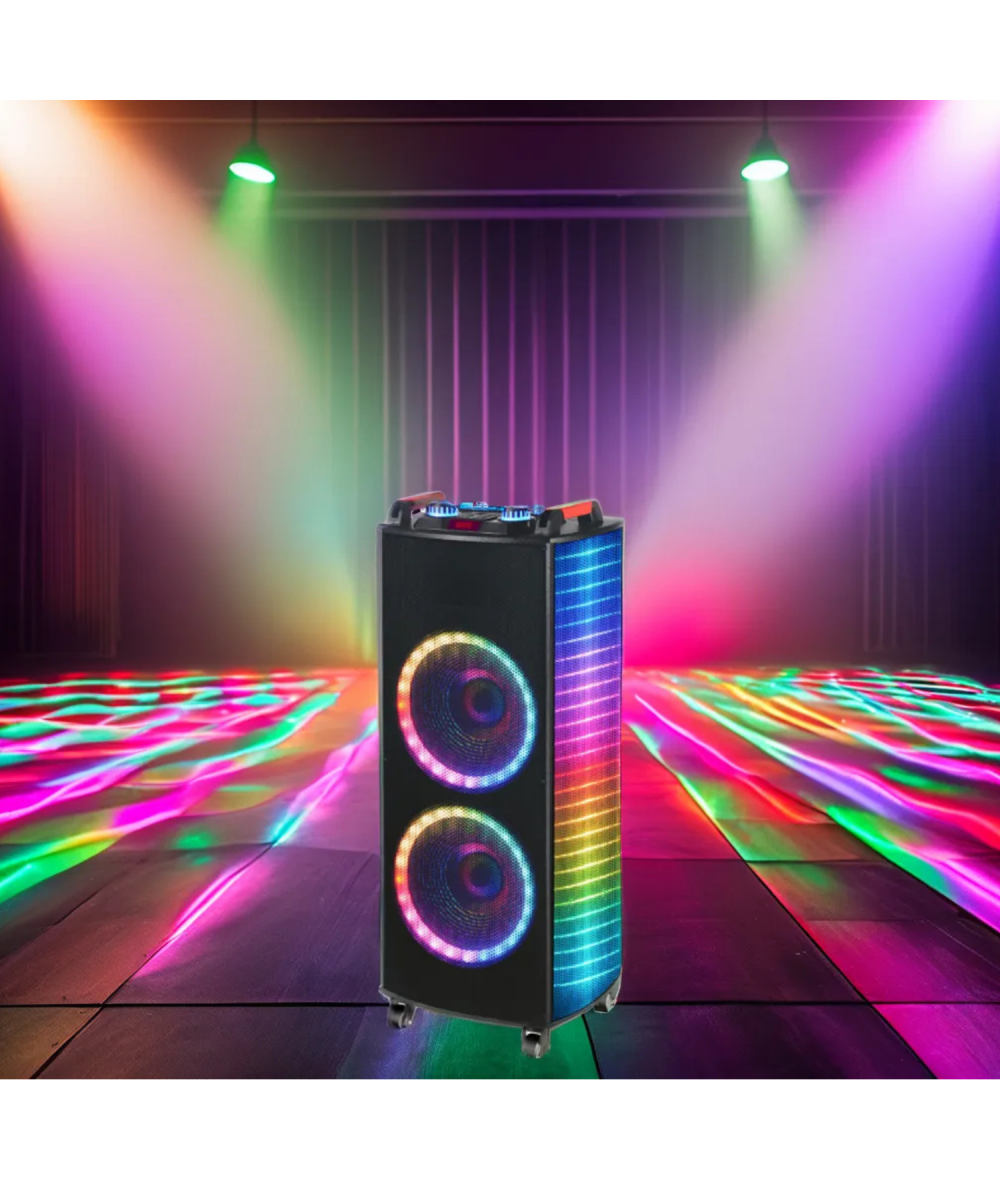 100W Şarjlı RGB Taşınabilir Bluetooth Parti Hoparlörü – Mikrofonlu, 2x10’’ Bataryalı Büyük Hoparlör