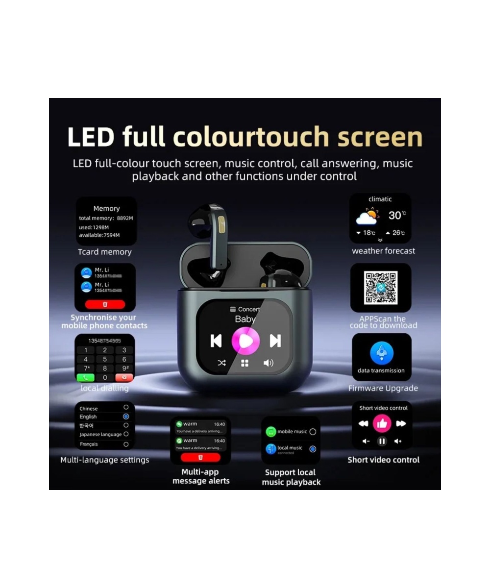 TWS K1 Akıllı Bluetooth Kulaklık ENC Dokunmatik Ekranlı 8GB Hafıza Sesli Görüşme Kulak İçi Kulaklık