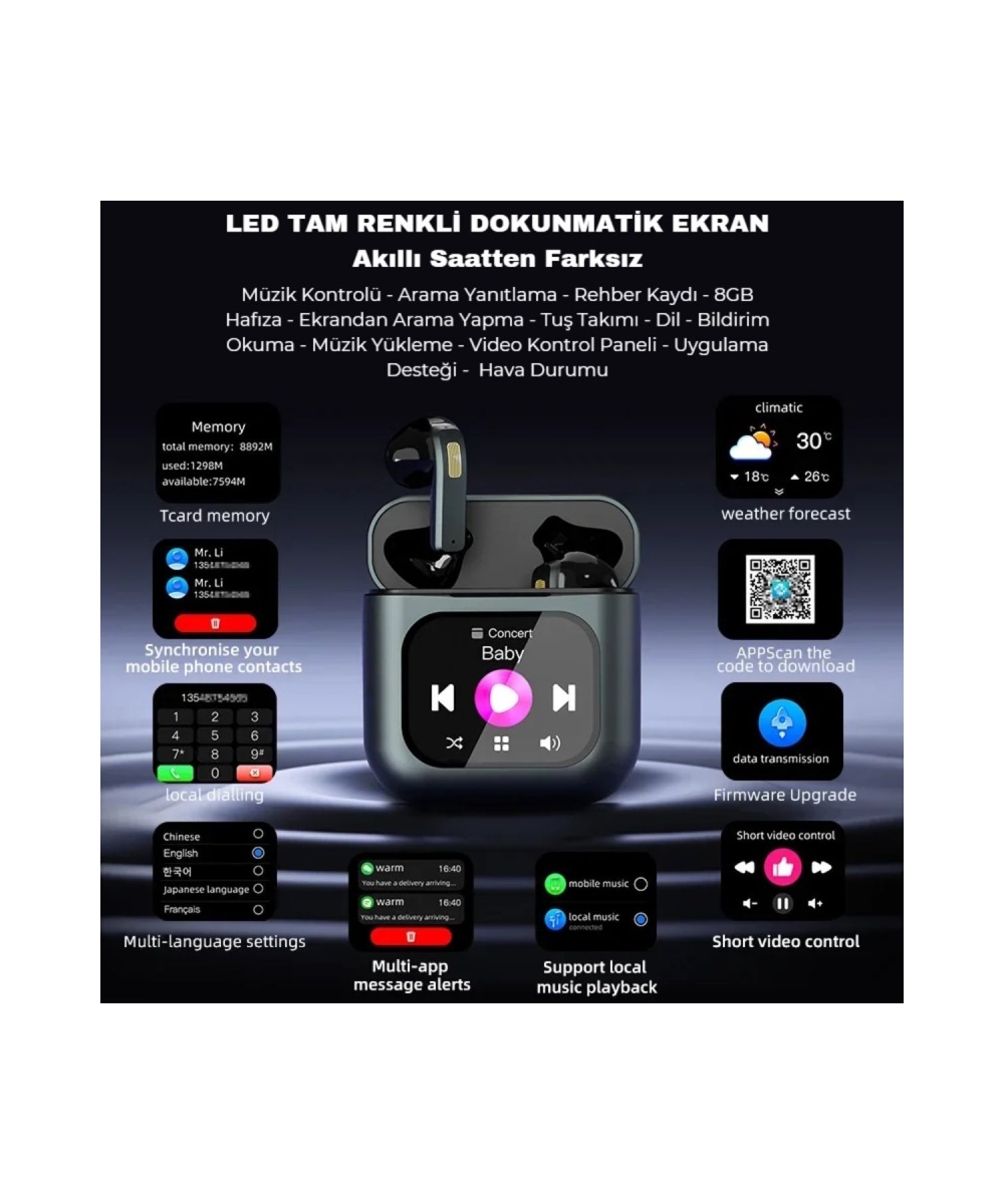TWS K1 Akıllı Bluetooth Kulaklık ENC Dokunmatik Ekranlı 8GB Hafıza Sesli Görüşme Kulak İçi Kulaklık