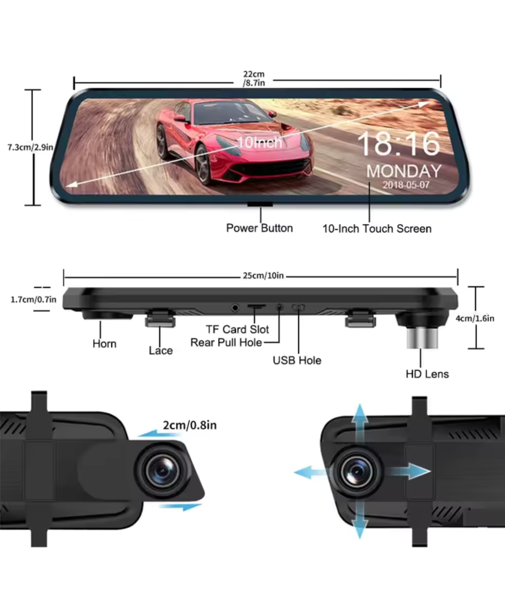 CC-63 Araç İçi Dikiz Aynası Kamerası – 128GB, 10” Tam Ekran Full HD, Park Modu, Geri Görüş Kamerası Türkçe