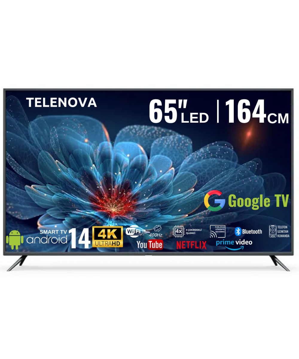 Telenova 65 İnç 165 Ekran 4K Ultra HD  Android 14, Smart TV LED HDR WiFi Netflix & YouTube Destekli