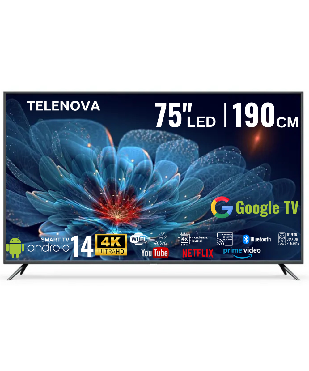 Telenova 75 İnç 190 Ekran 4K Ultra HD  Android 14, Smart TV LED HDR WiFi Netflix & YouTube Destekli