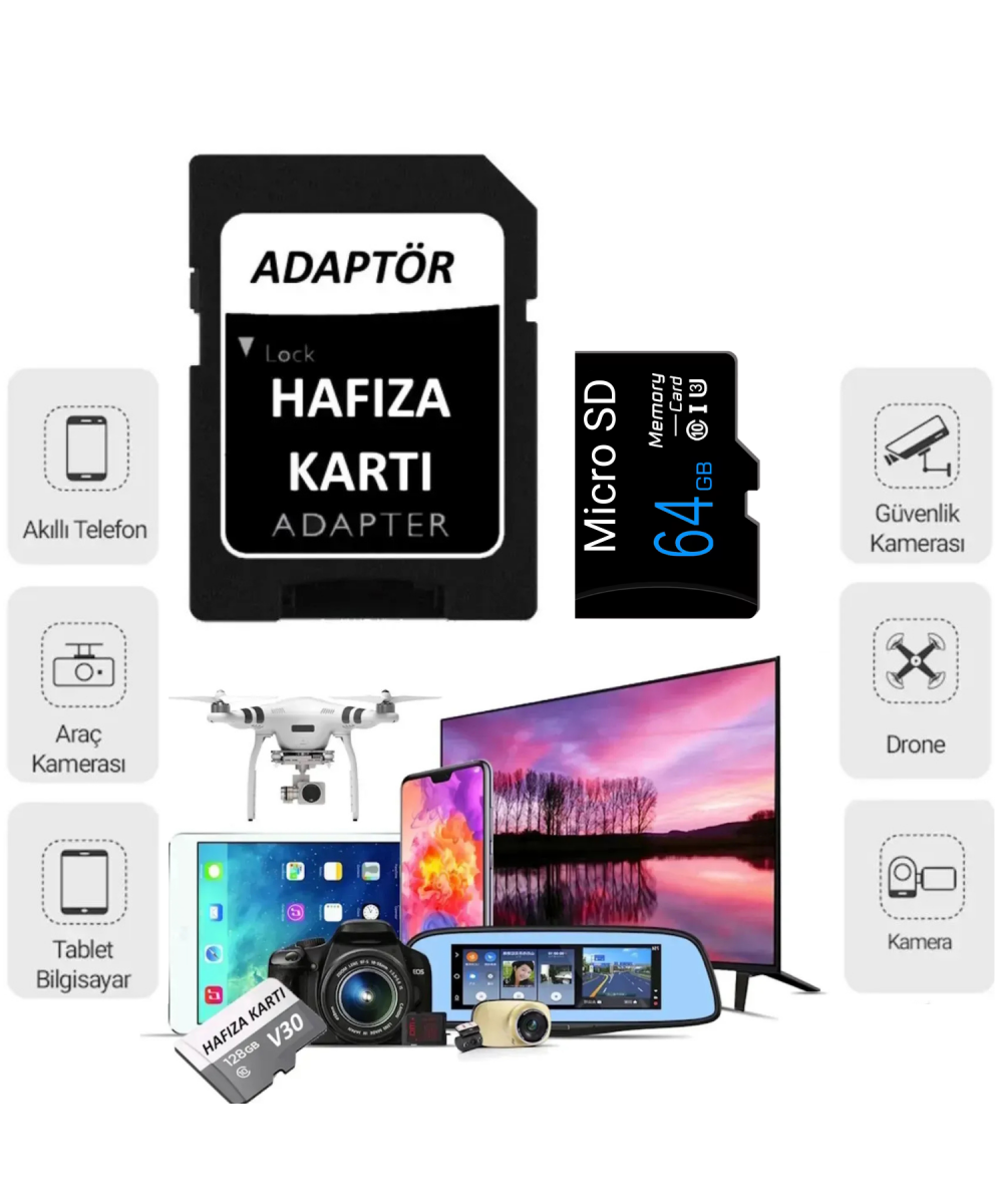 UHS-3 64 GB Hızlı Micro SD - TF Hafıza Kartı +Adaptör Hızlı Telefon Ve Kamera 100mb/s Class 10 4K Bellek Video Kayıt