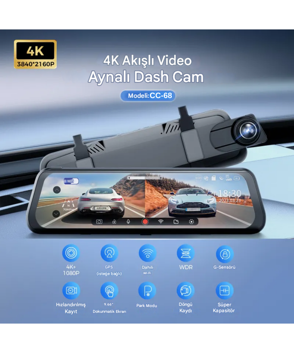 MPIA CC-68 GPS WiFi 4K Ultra HD Dikiz Aynası Araç İçi Kamerası Tam Ekran, Geri Görüş Kameralı Türkçe Menü