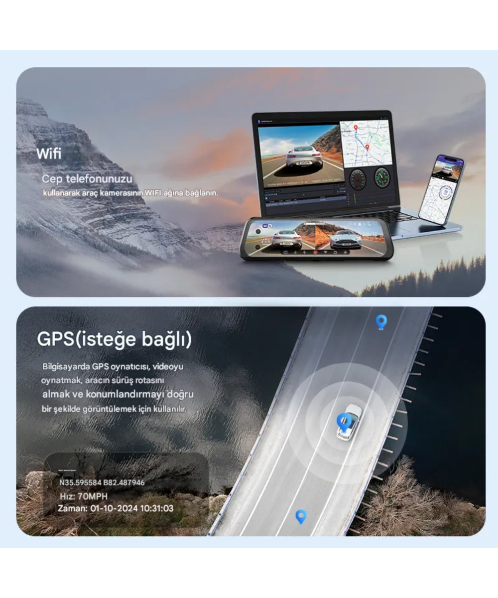 MPIA CC-68 GPS WiFi 4K Ultra HD Dikiz Aynası Araç İçi Kamerası Tam Ekran, Geri Görüş Kameralı Türkçe Menü