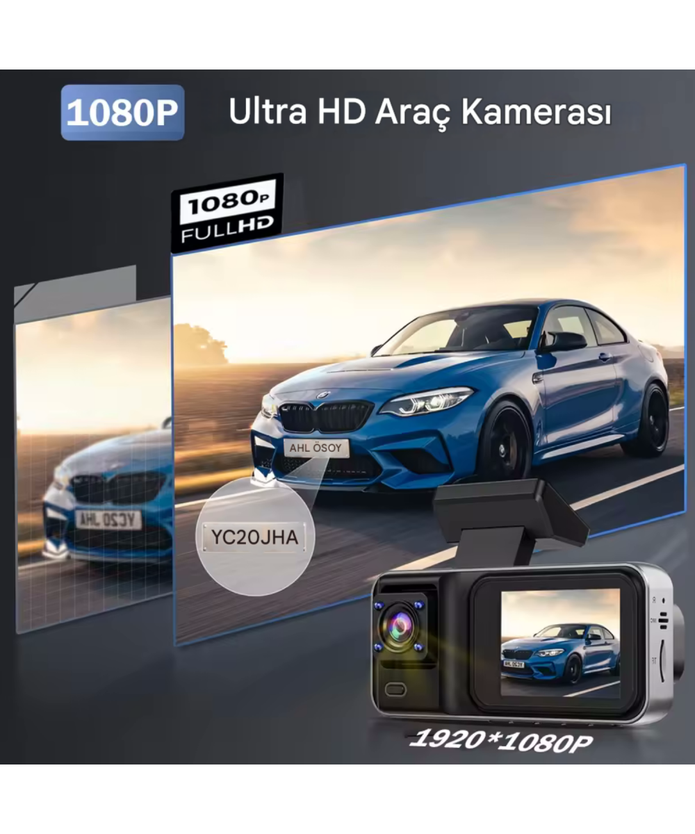 CC-38 Wi-Fi Full HD 3 Kameralı Araç İçi Güvenlik Kamerası 64GB – IR Gece Görüşü, Ön-Arka-İç Kayıt,DashCam