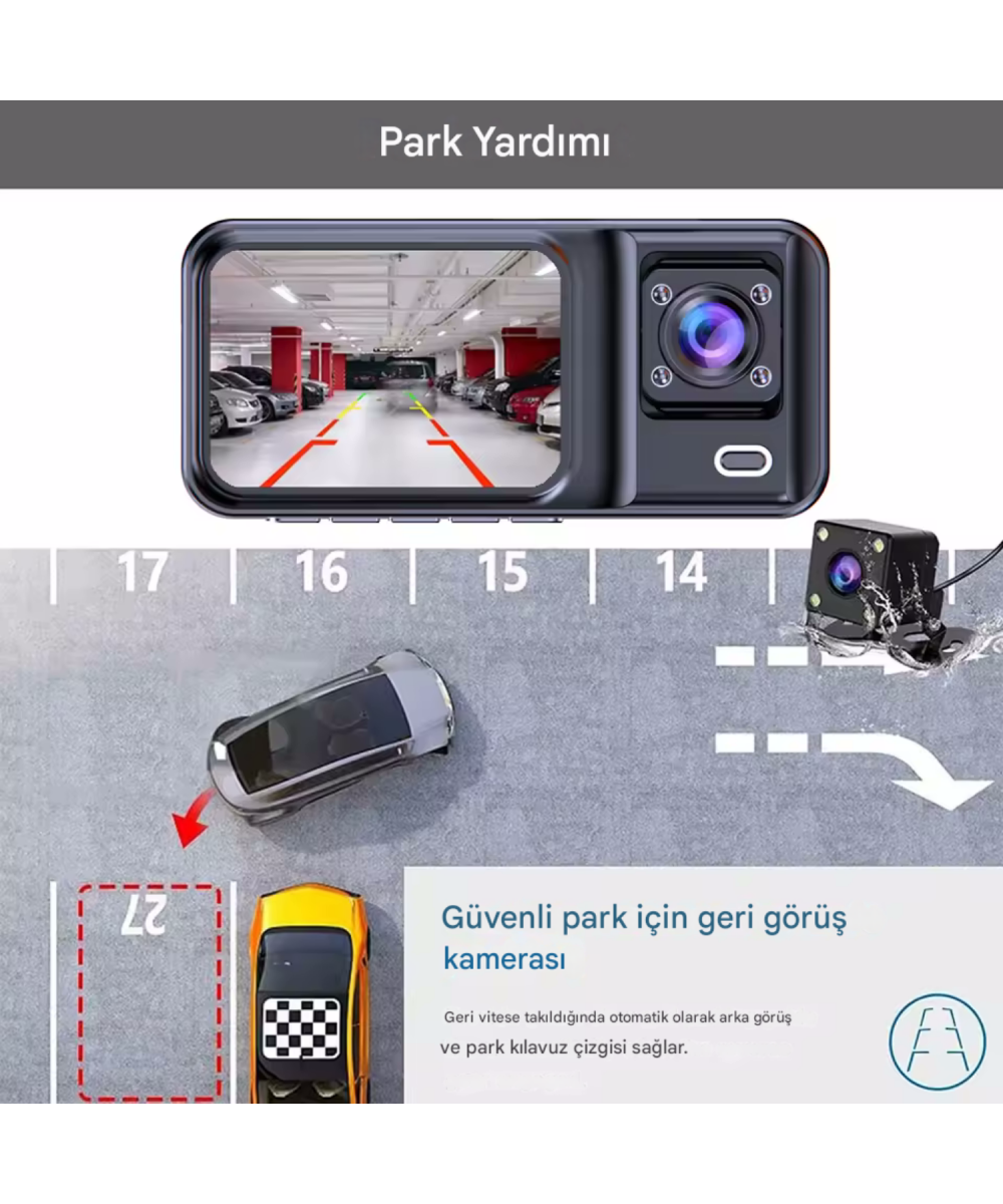 CC-38 Wi-Fi Full HD 3 Kameralı Araç İçi Güvenlik Kamerası 64GB – IR Gece Görüşü, Ön-Arka-İç Kayıt,DashCam