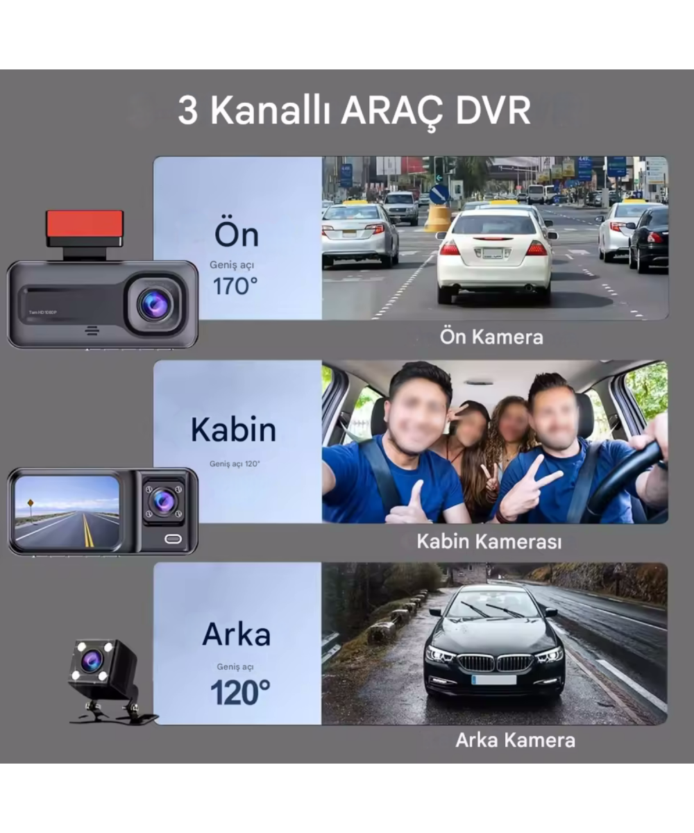 CC-38 Wi-Fi Full HD 3 Kameralı Araç İçi Güvenlik Kamerası 64GB – IR Gece Görüşü, Ön-Arka-İç Kayıt,DashCam