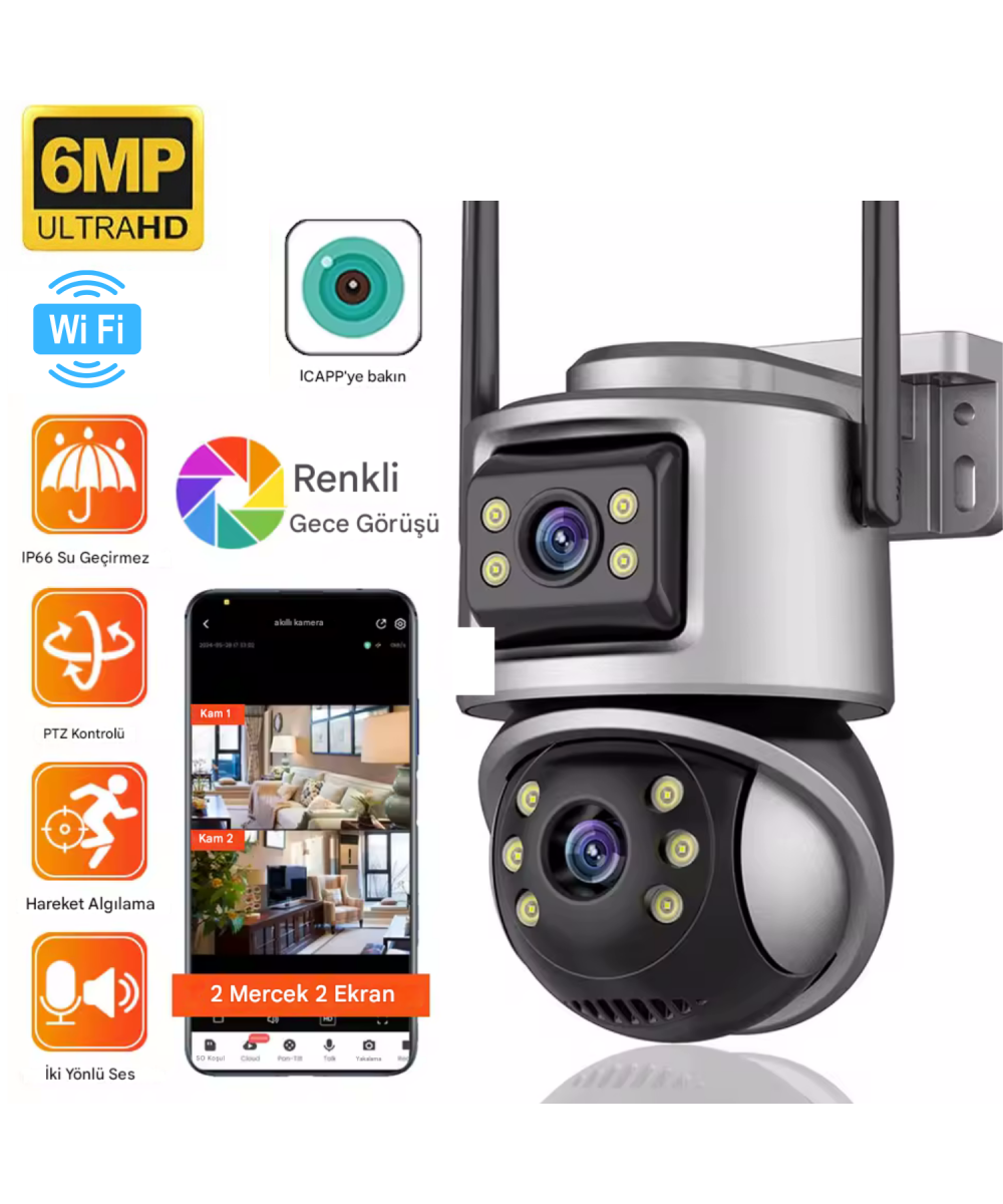 ViVa232 Wifi 6mp Dual Lens Ip 360° Akıllı Güvenlik Kamerası 128 GB Hareketli Kablosuz Gece Görüşü Kişi Takibi Türkçe Sesli Görüşme Dış Iç Kamera