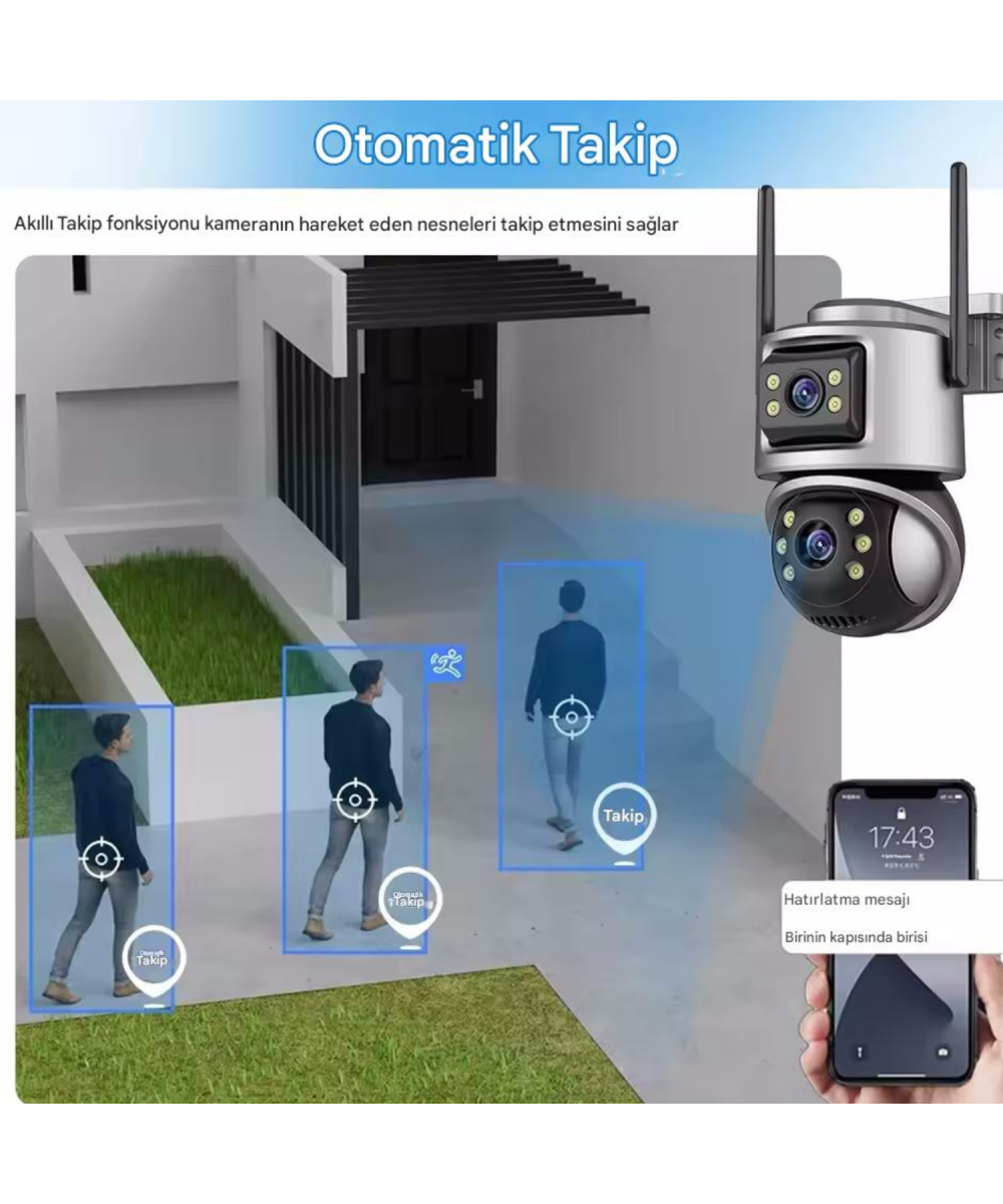 ViVa232 Wifi 6mp Dual Lens Ip 360° Akıllı Güvenlik Kamerası 128 GB Hareketli Kablosuz Gece Görüşü Kişi Takibi Türkçe Sesli Görüşme Dış Iç Kamera