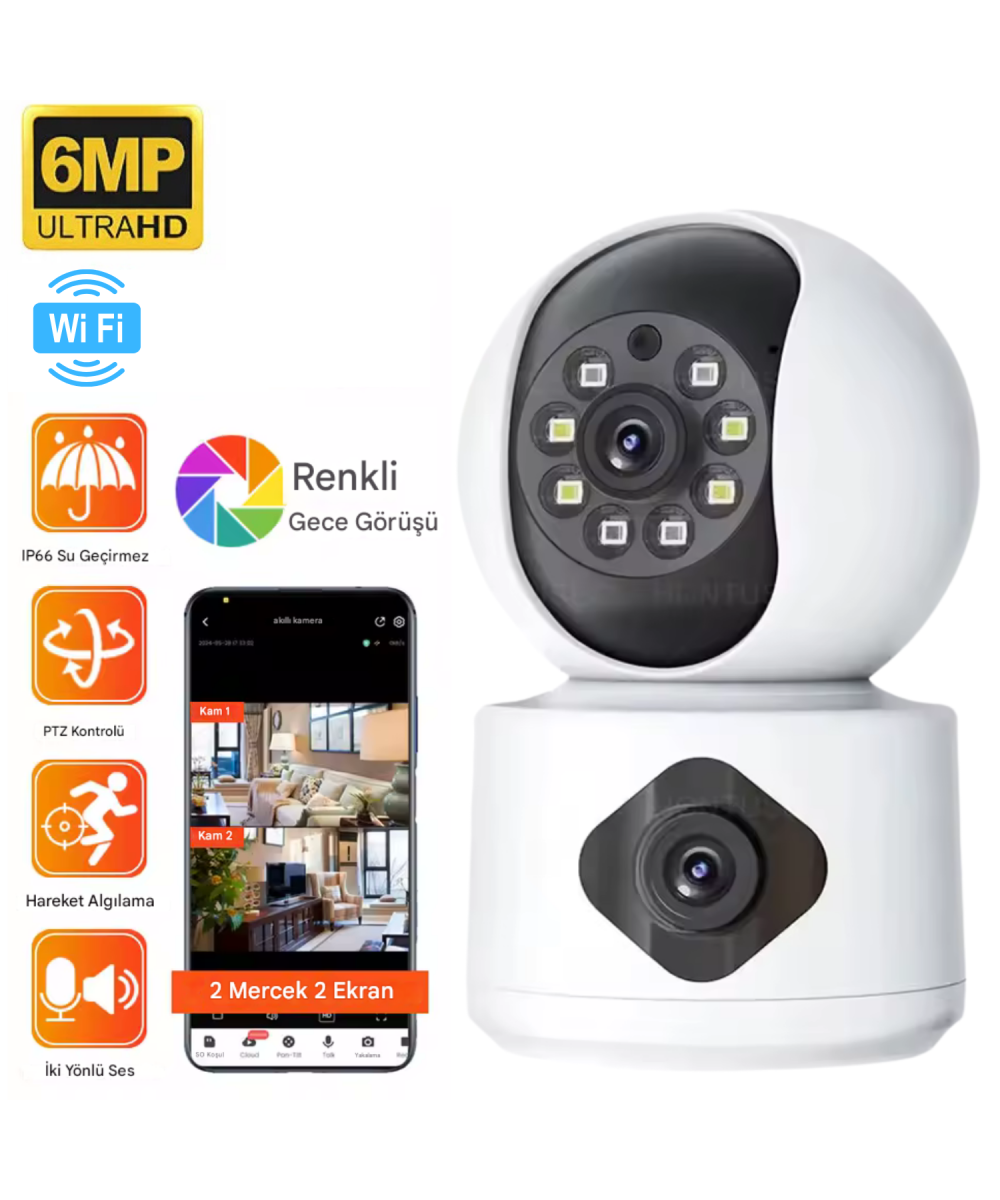 MPI AOİ Akıllı Kamera WiFi 6MP 2 Kameralı IP Güvenlik Kamerası Hareketli Bebek Odası Dış İç Kullanım