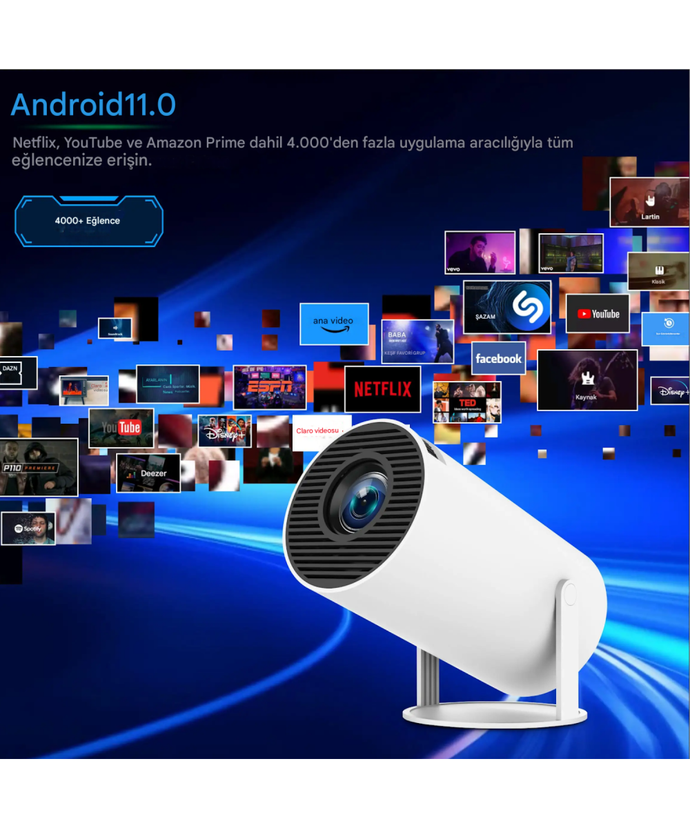 HY300Pro Akıllı Projeksiyon Cihazı Android 11 Taşınabilir 1080P Ev Sineması WiFi Bluetooth Destekli