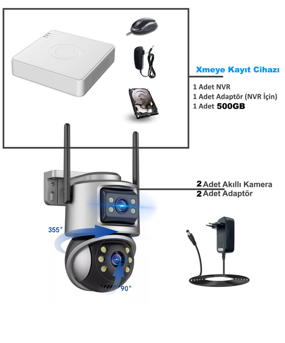 XMCAM 2li Güvenlik Kamera Seti Dual Lens WiFi Kayıt Cihazı 500GB HDD Gece Görüşlü Su Geçirmez