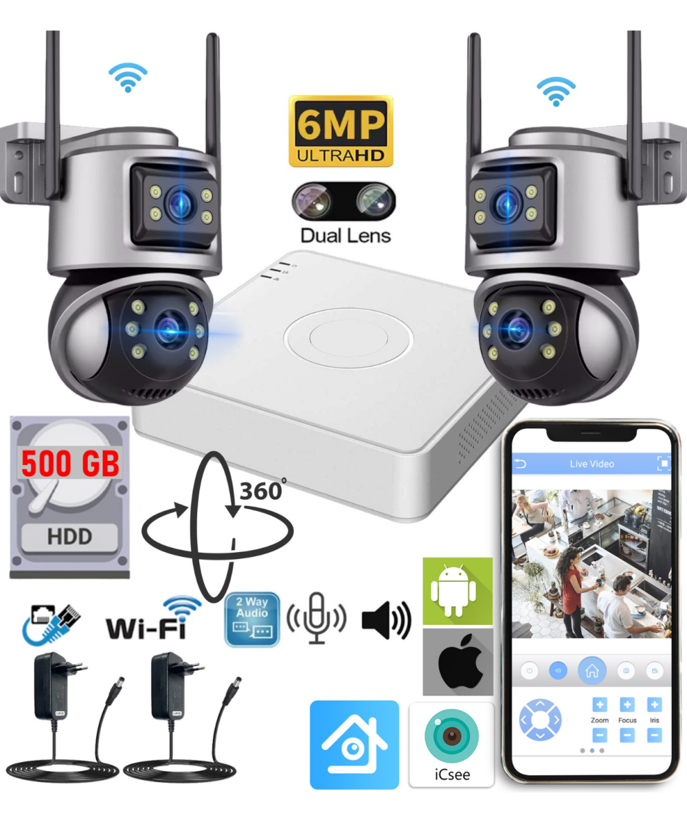 XMCAM 2li Güvenlik Kamera Seti Dual Lens WiFi Kayıt Cihazı 500GB HDD Gece Görüşlü Su Geçirmez